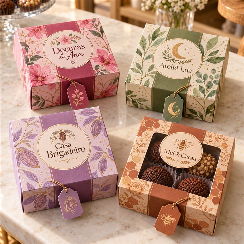 O mesmo molde de caixa montado em quatro identidades diferentes: Doçuras da Ana em rosa floral, Ateliê Lua em verde com lua dourada, Casa Brigadeiro em lilás e Mel & Cacau em terracota com brigadeiros