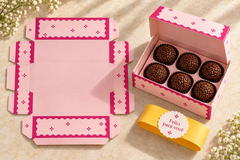 Molde aberto e caixa retangular com seis brigadeiros em duas fileiras de três no berço