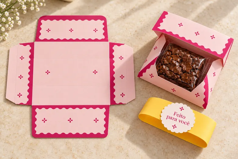 Molde aberto e envelope rosa com um brownie protegido em invólucro transparente