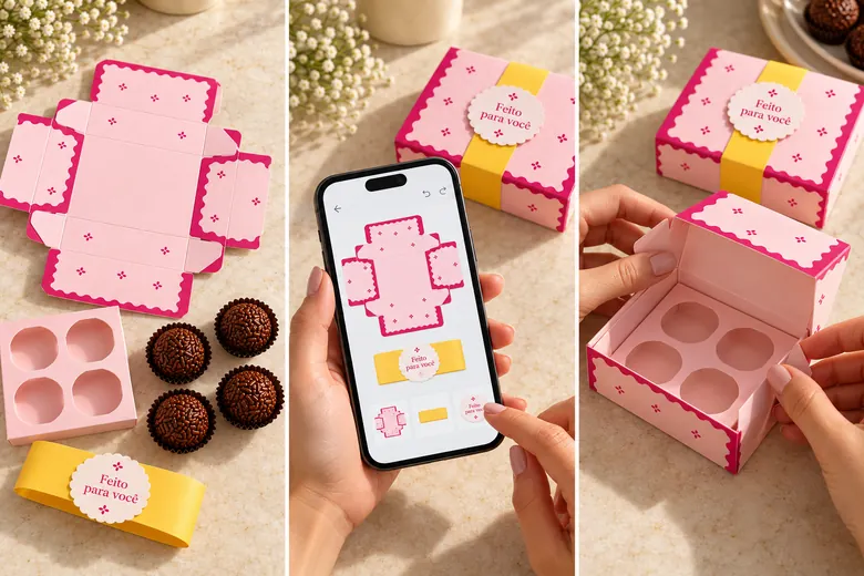 Três momentos: escolha do molde e dos doces, personalização pelo celular e montagem da caixa rosa com berço